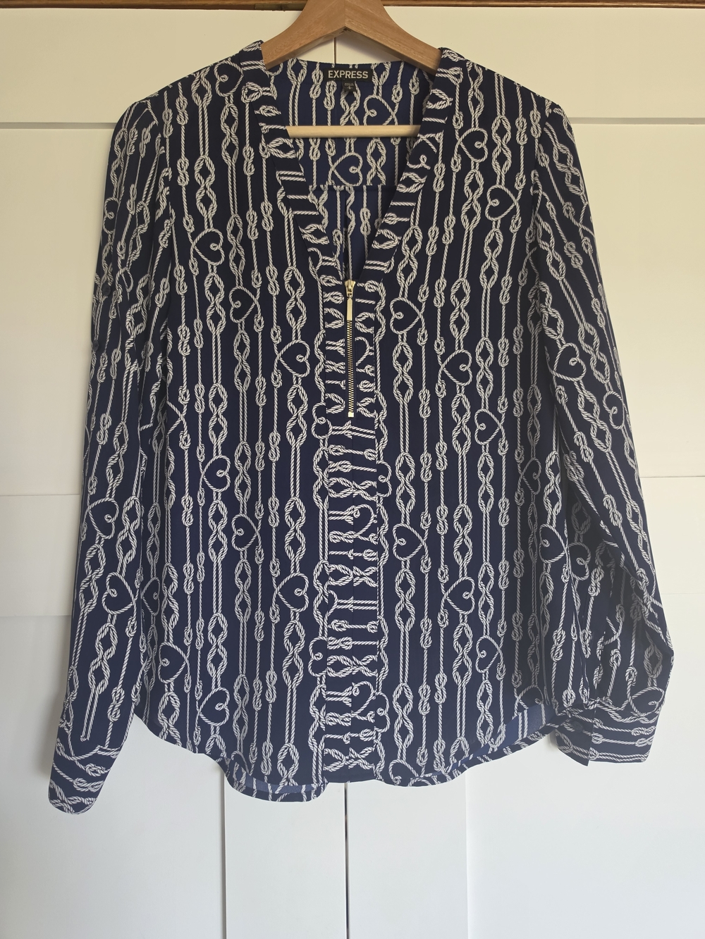 Express Navy and White Rope-Print Long-Sleeve Blouse